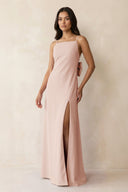 Spaghetti Strap Sheath Satin Bridesmaid Dress with Bow in Pale Blush - KISS BRIDAL Bridesmaid Dresses