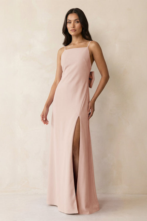 Spaghetti Strap Sheath Satin Bridesmaid Dress with Bow in Pale Blush - KISS BRIDAL Bridesmaid Dresses