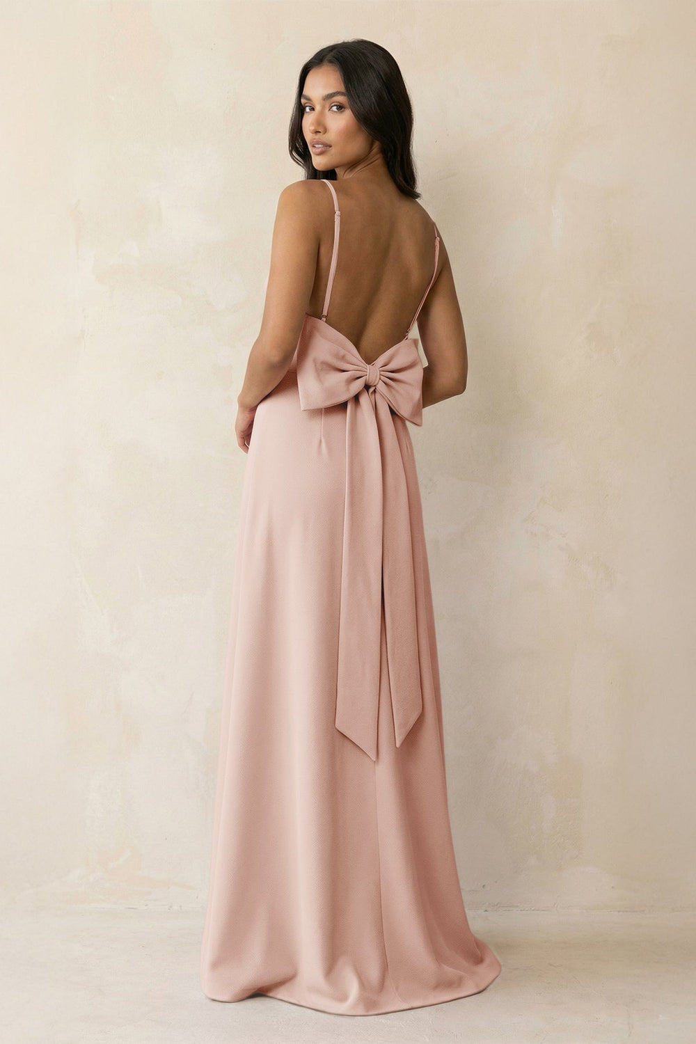 Spaghetti Strap Sheath Satin Bridesmaid Dress with Bow in Pale Blush - KISS BRIDAL Bridesmaid Dresses