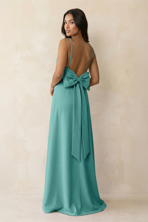 Spaghetti Strap Sheath Satin Bridesmaid Dress with Bow in Pale Pistachio - KISS BRIDAL Bridesmaid Dresses