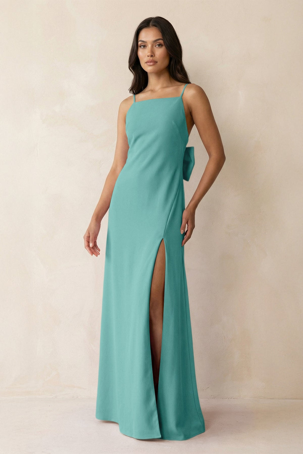 Spaghetti Strap Sheath Satin Bridesmaid Dress with Bow in Pale Pistachio - KISS BRIDAL Bridesmaid Dresses