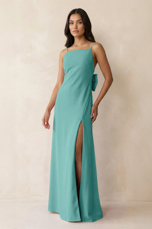 Spaghetti Strap Sheath Satin Bridesmaid Dress with Bow in Pale Pistachio - KISS BRIDAL Bridesmaid Dresses
