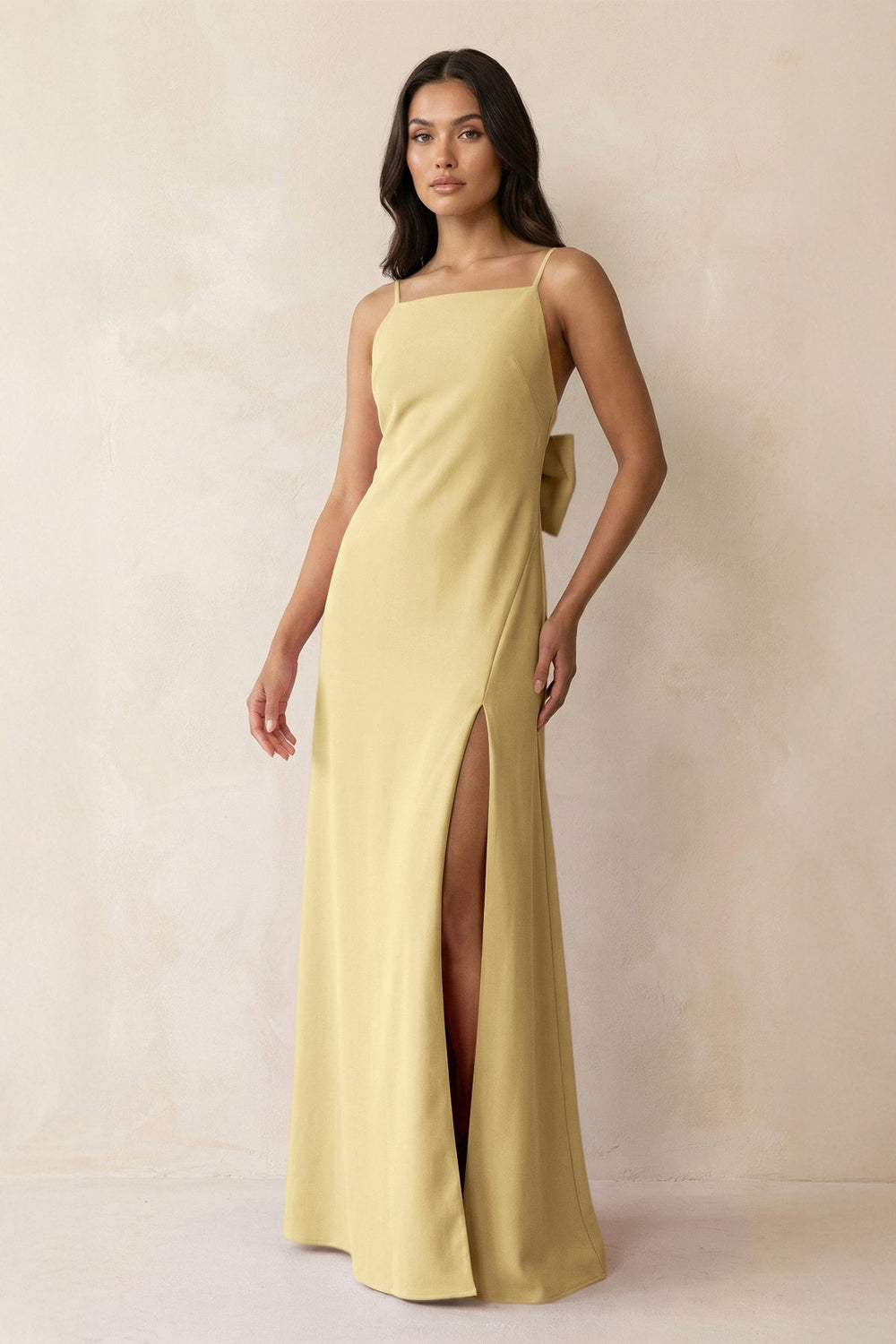 Spaghetti Strap Sheath Satin Bridesmaid Dress with Bow in Pastel Yellow - SHE IS ME Bridesmaid Dresses