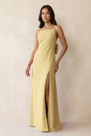 Spaghetti Strap Sheath Satin Bridesmaid Dress with Bow in Pastel Yellow - KISS BRIDAL Bridesmaid Dresses