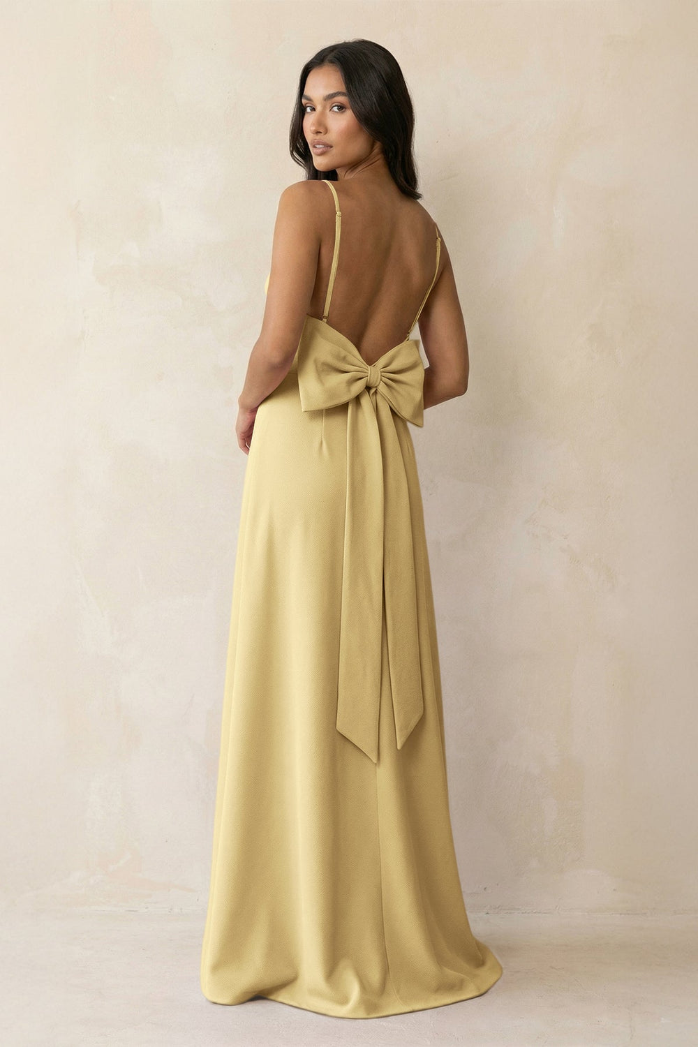Spaghetti Strap Sheath Satin Bridesmaid Dress with Bow in Pastel Yellow - SHE IS ME Bridesmaid Dresses