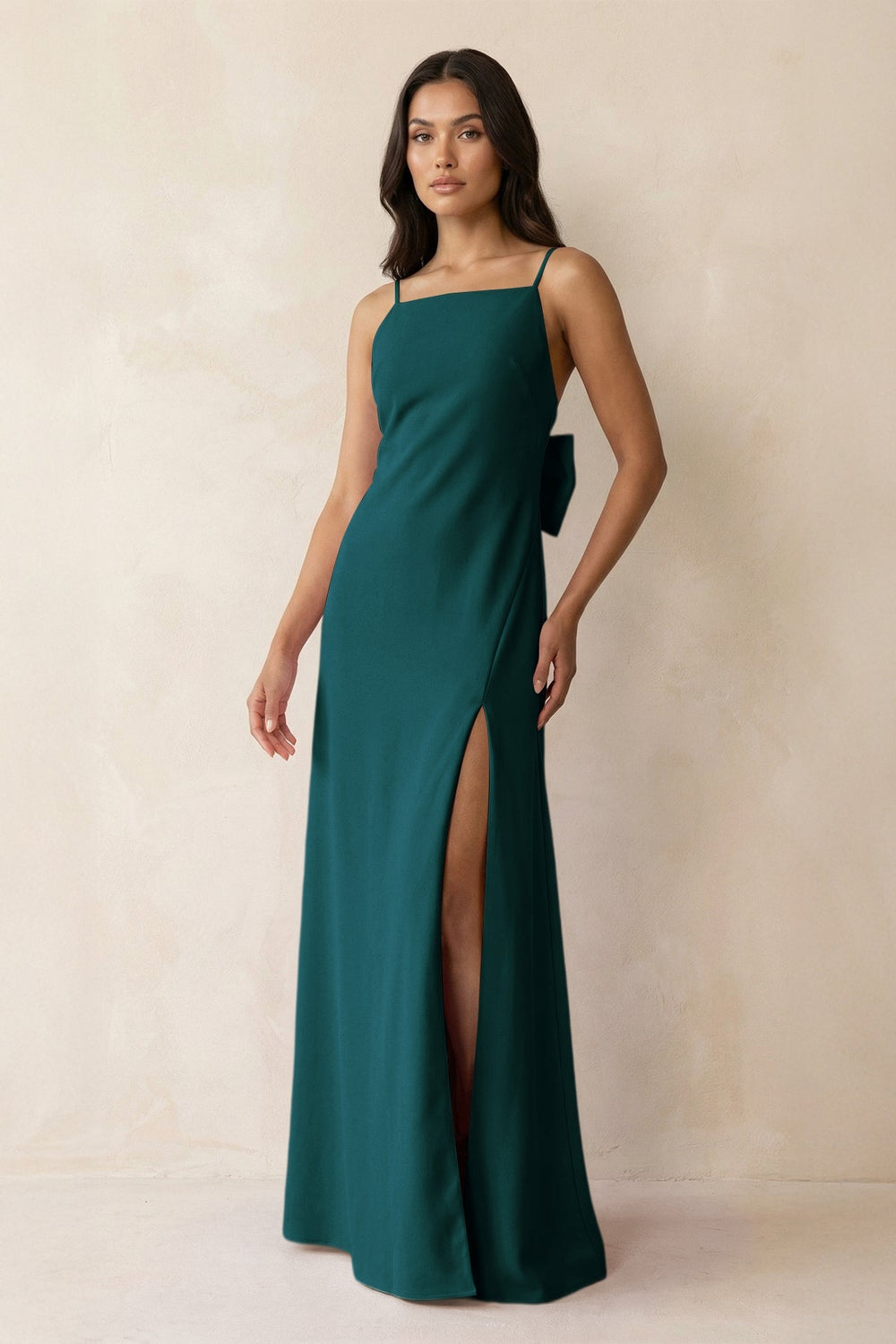 Spaghetti Strap Sheath Satin Bridesmaid Dress with Bow in Pine - SHE IS ME Bridesmaid Dresses