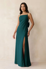 Spaghetti Strap Sheath Satin Bridesmaid Dress with Bow in Pine - KISS BRIDAL Bridesmaid Dresses