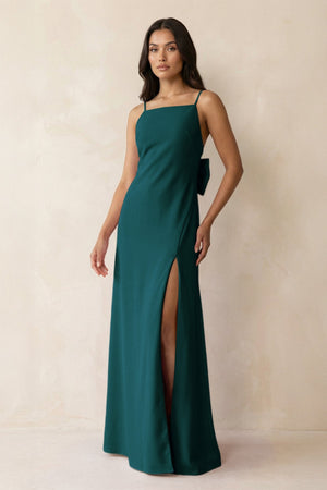 Spaghetti Strap Sheath Satin Bridesmaid Dress with Bow in Pine - KISS BRIDAL Bridesmaid Dresses