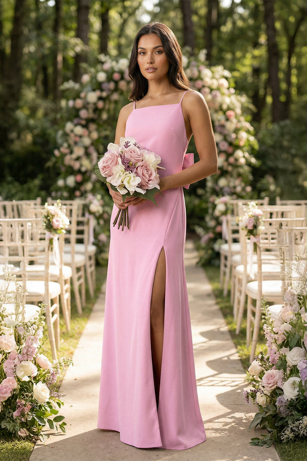 Spaghetti Strap Sheath Satin Bridesmaid Dress with Bow in Pink - KISS BRIDAL Bridesmaid Dresses