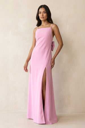 Spaghetti Strap Sheath Satin Bridesmaid Dress with Bow in Pink - KISS BRIDAL Bridesmaid Dresses