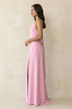 Spaghetti Strap Sheath Satin Bridesmaid Dress with Bow in Pink - KISS BRIDAL Bridesmaid Dresses