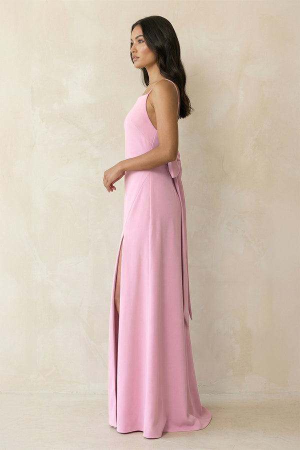 Spaghetti Strap Sheath Satin Bridesmaid Dress with Bow in Pink - KISS BRIDAL Bridesmaid Dresses