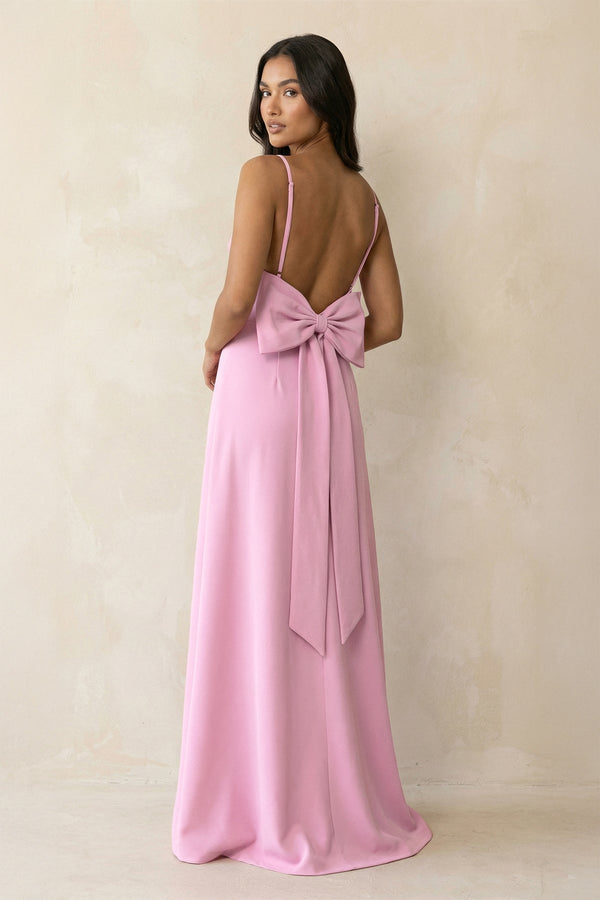 Spaghetti Strap Sheath Satin Bridesmaid Dress with Bow in Pink - KISS BRIDAL Bridesmaid Dresses