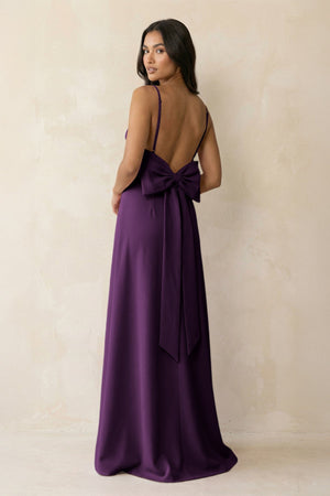 Spaghetti Strap Sheath Satin Bridesmaid Dress with Bow in Plum - KISS BRIDAL Bridesmaid Dresses