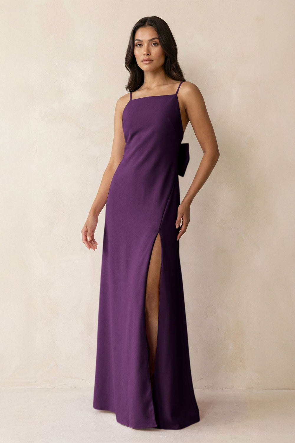 Spaghetti Strap Sheath Satin Bridesmaid Dress with Bow in Plum - SHE IS ME Bridesmaid Dresses