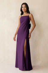 Spaghetti Strap Sheath Satin Bridesmaid Dress with Bow in Plum - KISS BRIDAL Bridesmaid Dresses