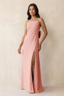 Spaghetti Strap Sheath Satin Bridesmaid Dress with Bow in Rose Petal - KISS BRIDAL Bridesmaid Dresses