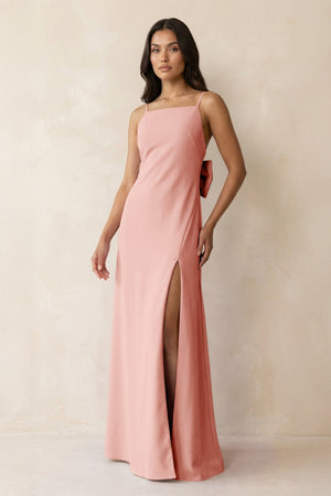 Spaghetti Strap Sheath Satin Bridesmaid Dress with Bow in Rose Petal - KISS BRIDAL Bridesmaid Dresses