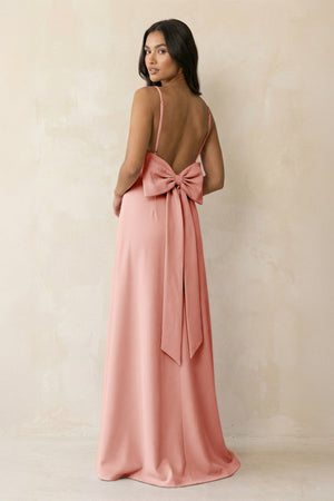 Spaghetti Strap Sheath Satin Bridesmaid Dress with Bow in Rose Petal - KISS BRIDAL Bridesmaid Dresses