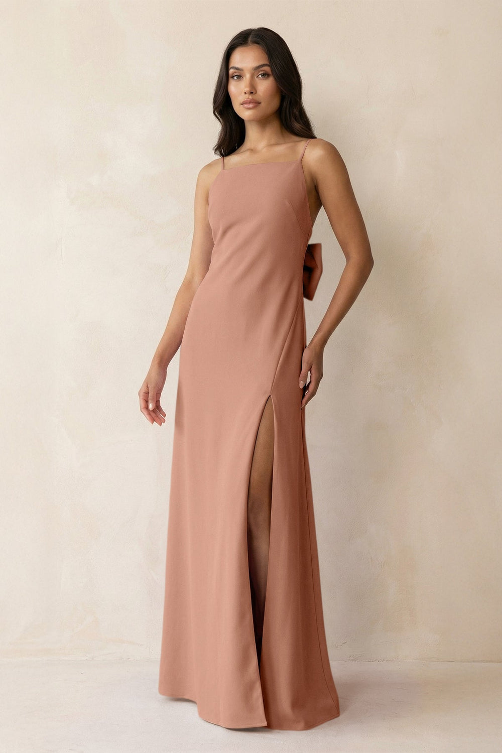 Spaghetti Strap Sheath Satin Bridesmaid Dress with Bow in Rosette - KISS BRIDAL Bridesmaid Dresses