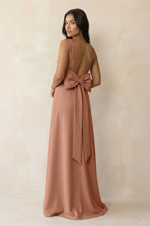 Spaghetti Strap Sheath Satin Bridesmaid Dress with Bow in Rosette - KISS BRIDAL Bridesmaid Dresses