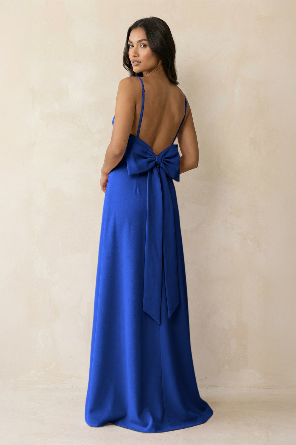 Spaghetti Strap Sheath Satin Bridesmaid Dress with Bow in Royal Blue - SHE IS ME Bridesmaid Dresses