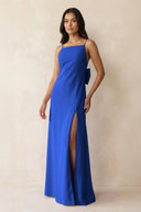 Spaghetti Strap Sheath Satin Bridesmaid Dress with Bow in Royal Blue - KISS BRIDAL Bridesmaid Dresses