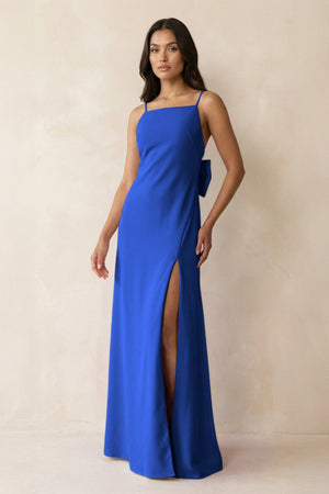 Spaghetti Strap Sheath Satin Bridesmaid Dress with Bow in Royal Blue - KISS BRIDAL Bridesmaid Dresses