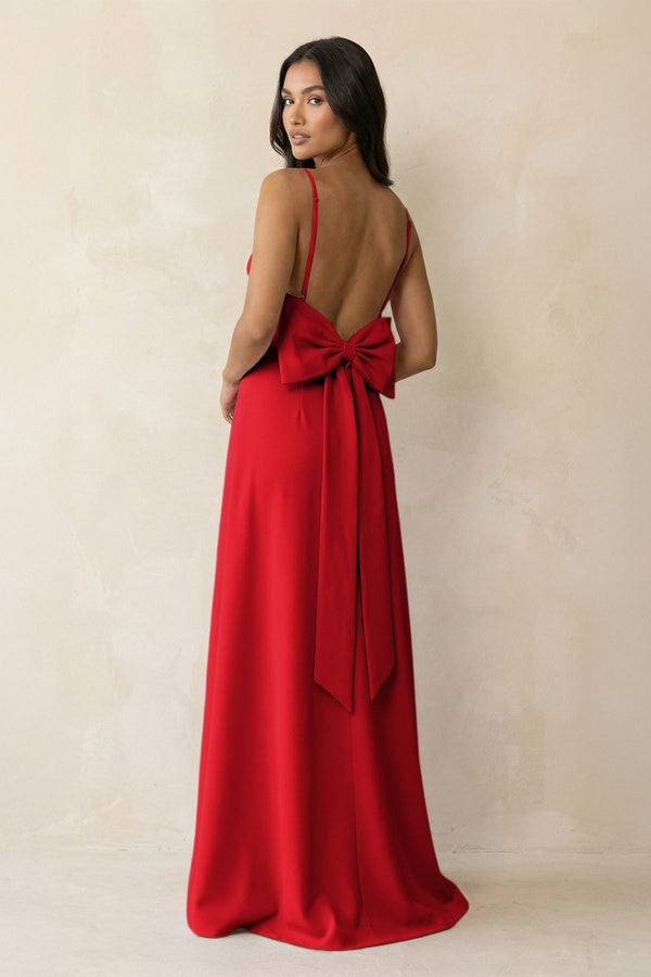 Spaghetti Strap Sheath Satin Bridesmaid Dress with Bow in Ruby Red - KISS BRIDAL Bridesmaid Dresses