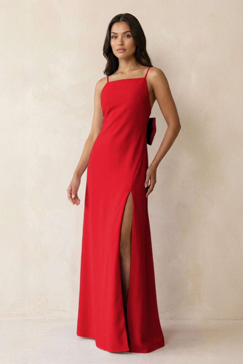 Spaghetti Strap Sheath Satin Bridesmaid Dress with Bow in Ruby Red - KISS BRIDAL Bridesmaid Dresses