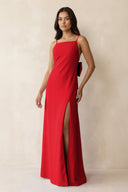 Spaghetti Strap Sheath Satin Bridesmaid Dress with Bow in Ruby Red - KISS BRIDAL Bridesmaid Dresses