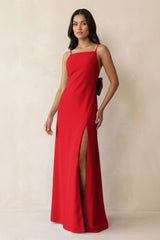 Spaghetti Strap Sheath Satin Bridesmaid Dress with Bow in Ruby Red - KISS BRIDAL Bridesmaid Dresses