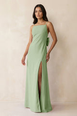 Spaghetti Strap Sheath Satin Bridesmaid Dress with Bow in Sage - KISS BRIDAL Bridesmaid Dresses