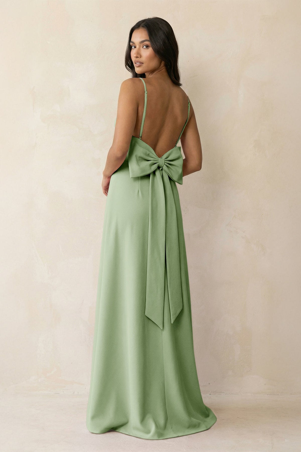 Spaghetti Strap Sheath Satin Bridesmaid Dress with Bow in Sage - KISS BRIDAL Bridesmaid Dresses