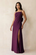 Spaghetti Strap Sheath Satin Bridesmaid Dress with Bow in Sangria - KISS BRIDAL Bridesmaid Dresses