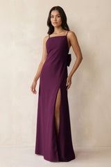 Spaghetti Strap Sheath Satin Bridesmaid Dress with Bow in Sangria - KISS BRIDAL Bridesmaid Dresses