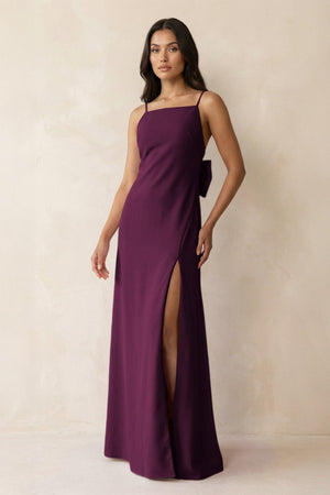 Spaghetti Strap Sheath Satin Bridesmaid Dress with Bow in Sangria - KISS BRIDAL Bridesmaid Dresses
