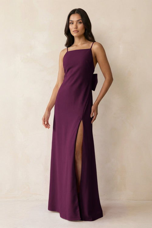 Spaghetti Strap Sheath Satin Bridesmaid Dress with Bow in Sangria - KISS BRIDAL Bridesmaid Dresses