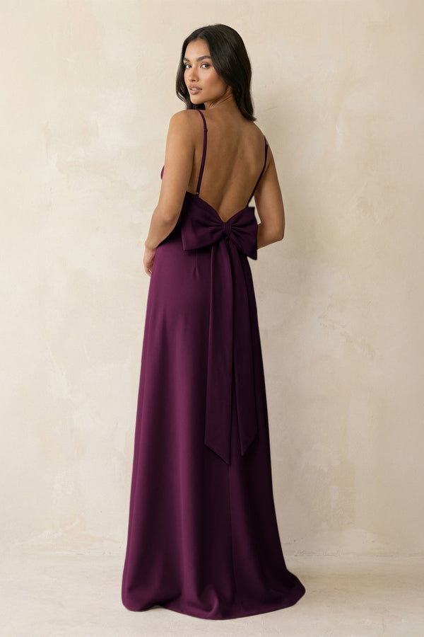 Spaghetti Strap Sheath Satin Bridesmaid Dress with Bow in Sangria - KISS BRIDAL Bridesmaid Dresses