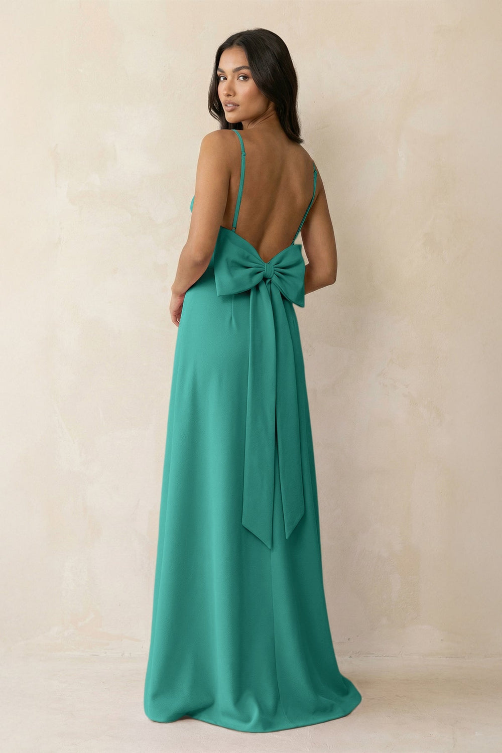 Spaghetti Strap Sheath Satin Bridesmaid Dress with Bow in Sea Glass - SHE IS ME Bridesmaid Dresses