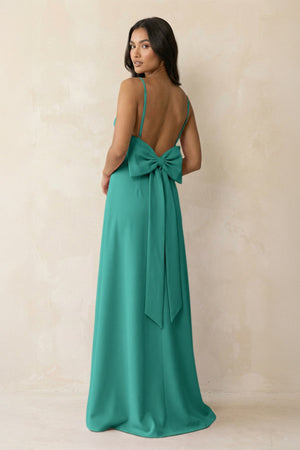 Spaghetti Strap Sheath Satin Bridesmaid Dress with Bow in Sea Glass - KISS BRIDAL Bridesmaid Dresses