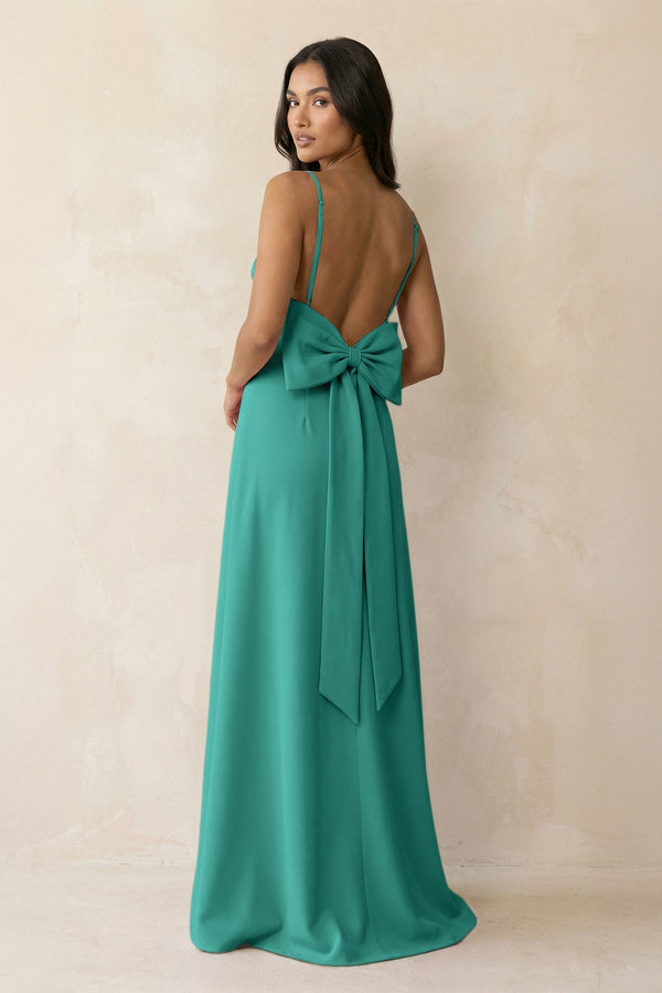 Spaghetti Strap Sheath Satin Bridesmaid Dress with Bow in Sea Glass - KISS BRIDAL Bridesmaid Dresses