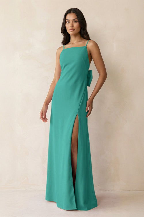 Spaghetti Strap Sheath Satin Bridesmaid Dress with Bow in Sea Glass - KISS BRIDAL Bridesmaid Dresses