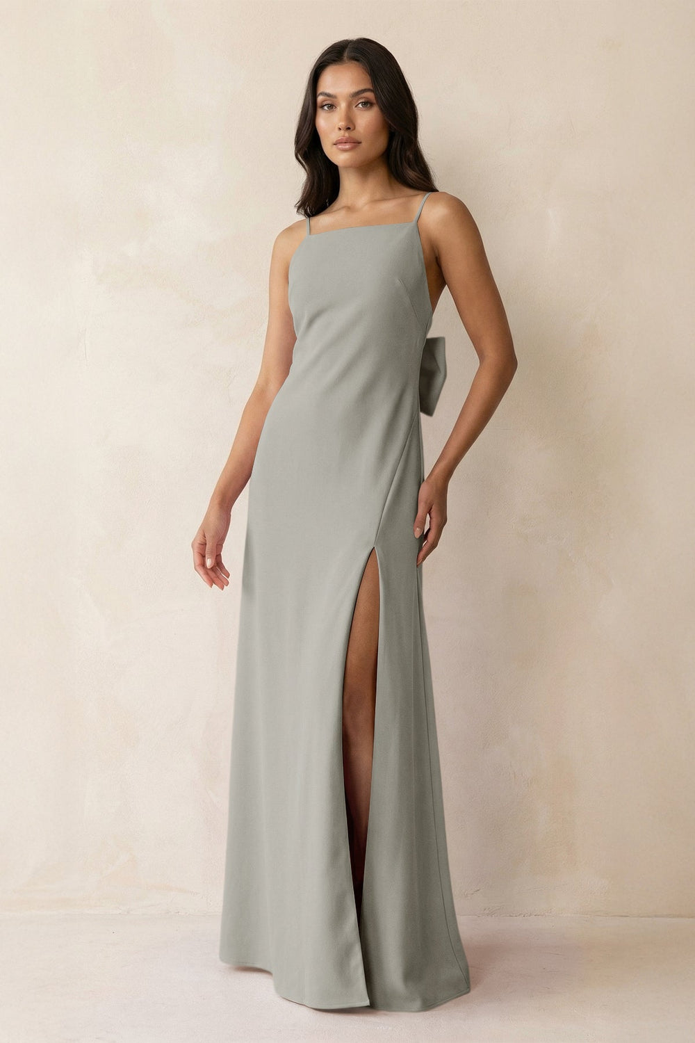 Spaghetti Strap Sheath Satin Bridesmaid Dress with Bow in Silver - SHE IS ME Bridesmaid Dresses