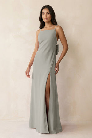 Spaghetti Strap Sheath Satin Bridesmaid Dress with Bow in Silver - KISS BRIDAL Bridesmaid Dresses