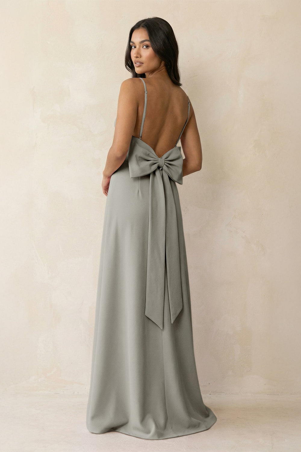 Spaghetti Strap Sheath Satin Bridesmaid Dress with Bow in Silver - SHE IS ME Bridesmaid Dresses