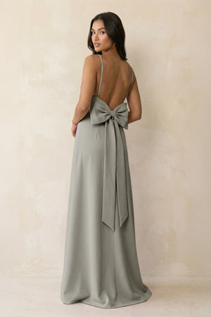 Spaghetti Strap Sheath Satin Bridesmaid Dress with Bow in Silver - KISS BRIDAL Bridesmaid Dresses