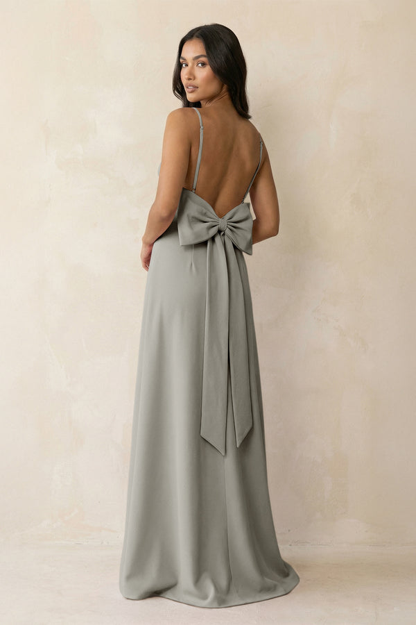Spaghetti Strap Sheath Satin Bridesmaid Dress with Bow in Silver - KISS BRIDAL Bridesmaid Dresses