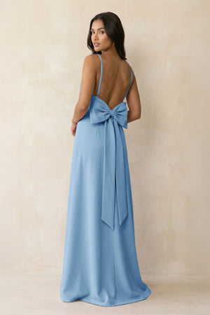 Spaghetti Strap Sheath Satin Bridesmaid Dress with Bow in Sky Blue - KISS BRIDAL Bridesmaid Dresses