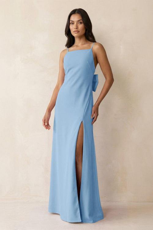Spaghetti Strap Sheath Satin Bridesmaid Dress with Bow in Sky Blue - KISS BRIDAL Bridesmaid Dresses